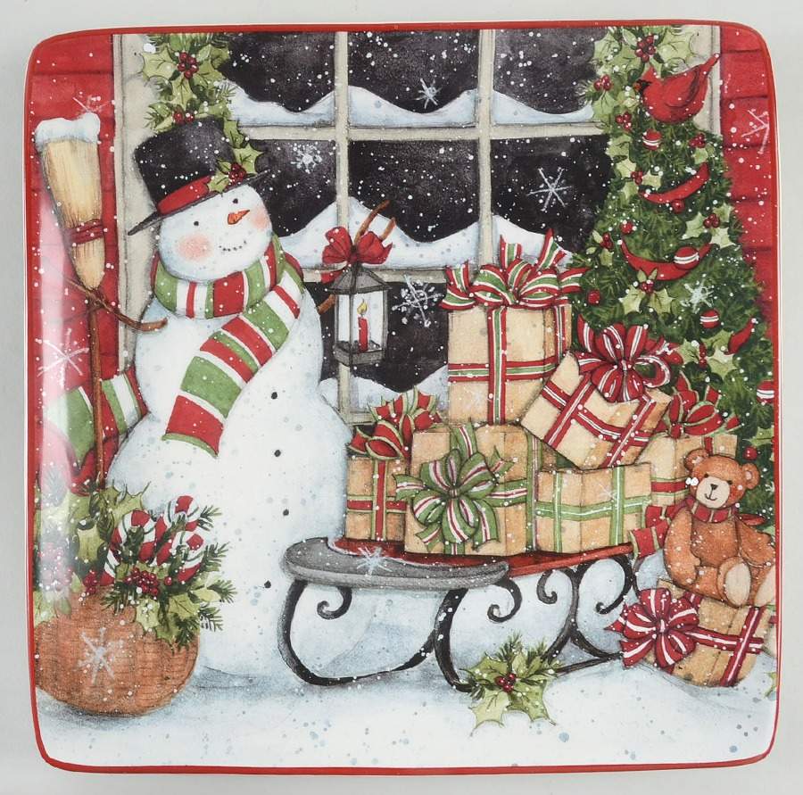Snowman's Sleigh Square Dinner Plate by Certified International-1