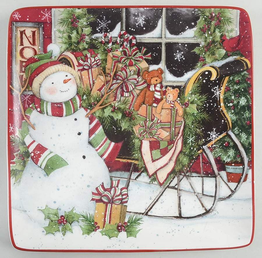 Snowman's Sleigh Square Dinner Plate by Certified International-1