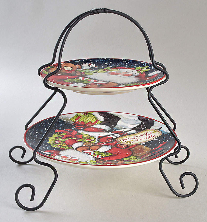 Snowy Night Santa 2 Tier Server Plates & Metal Stand by Certified International-1