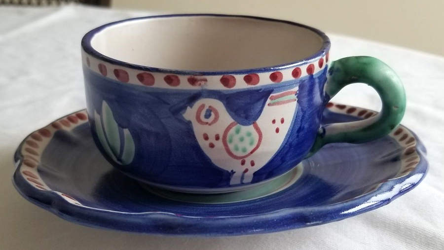 Campagna Bird Blue Flat Cup & Saucer Set by Ceramica Artistica (CAS Vietri)-1