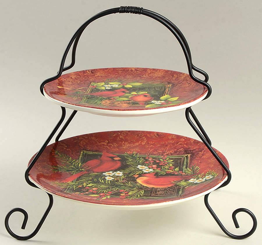 Christmas Cardinals 2 Tier Server Plates & Metal Stand by Certified International-1