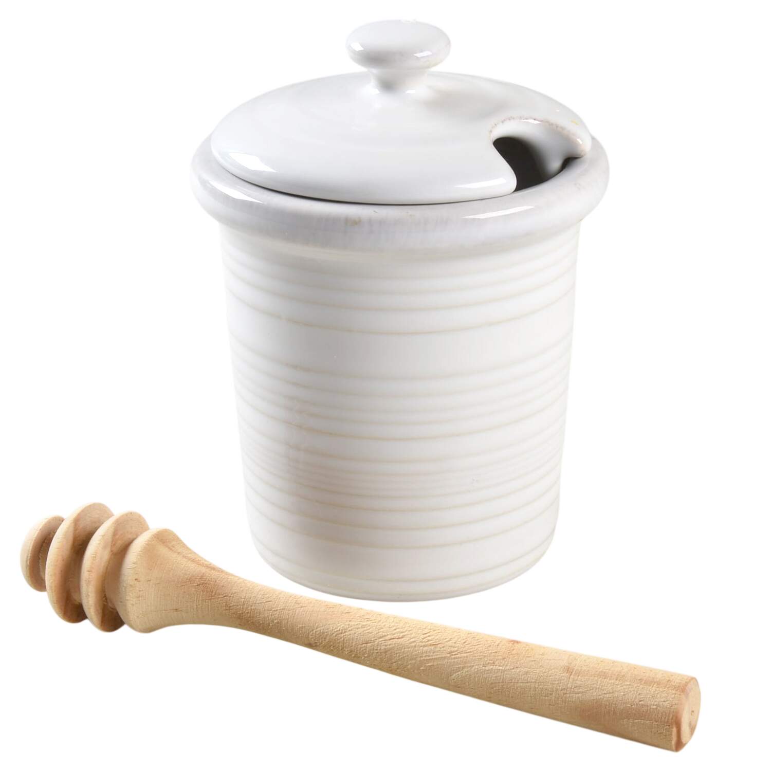 Farmhouse White Honey Pot with Lid and Spoon/Dipper by Crate & Barrel-1