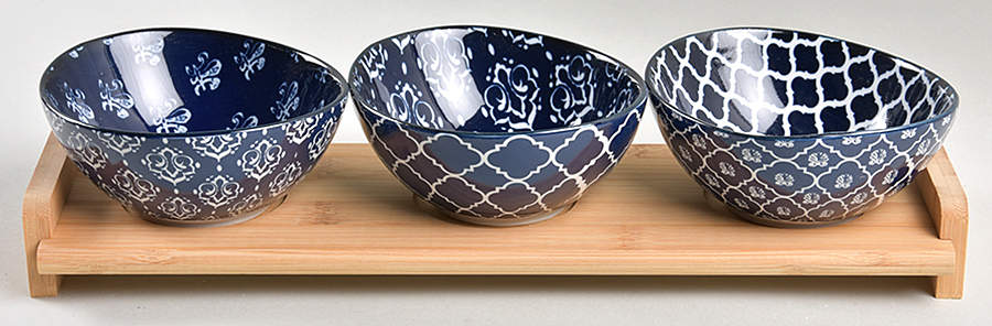 Blue Indigo Condiment Set - Set of 3 Motif Bowls with Tray by Certified International-1
