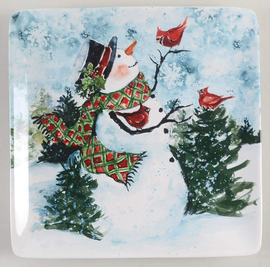 Watercolor Snowman 12" Square Serving Platter by Certified International-1