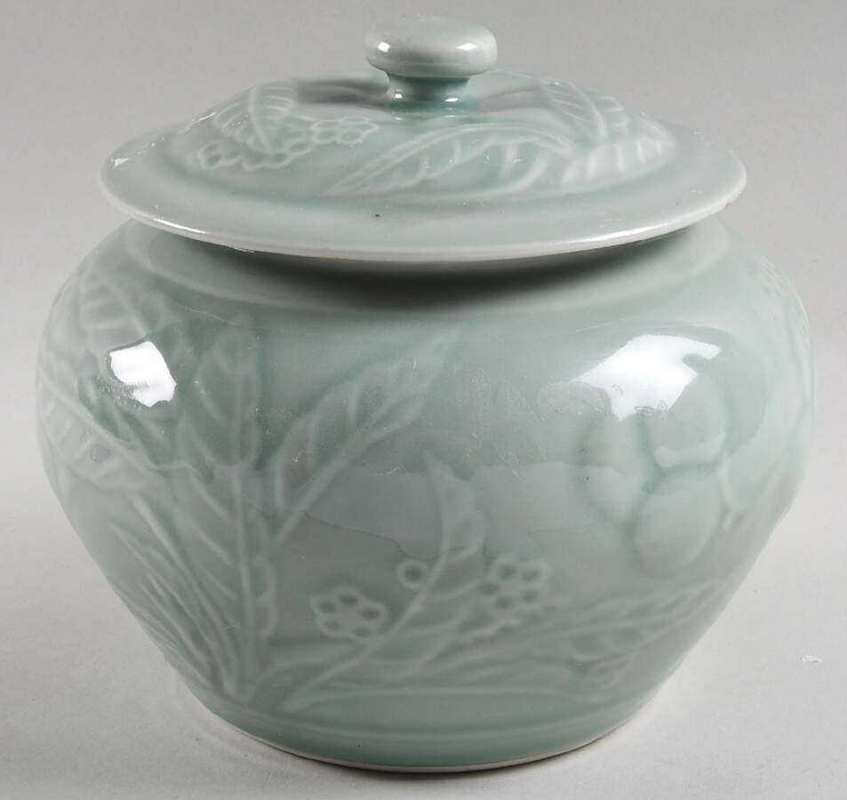 Celadon Floral Cookie Jar & Lid by China (Made in China)-1