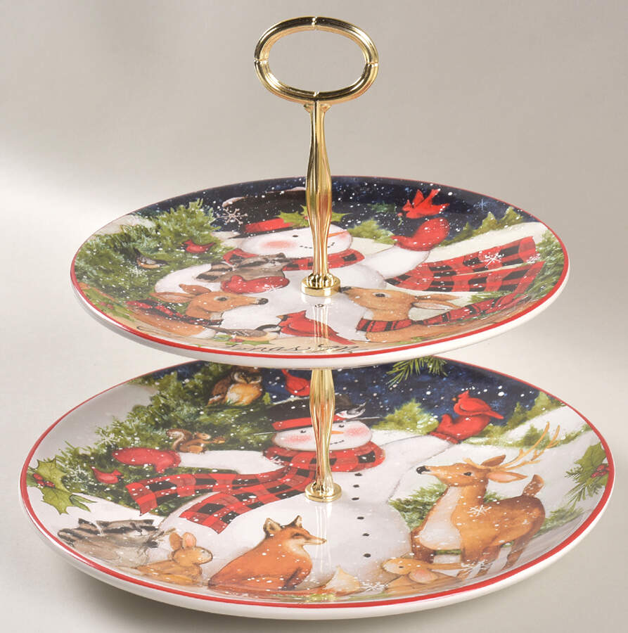 Magic of Christmas Snowman 6 5/8"-10"  2 Tiered Serving Tray (Dp, Sp) HC by Certified International-1