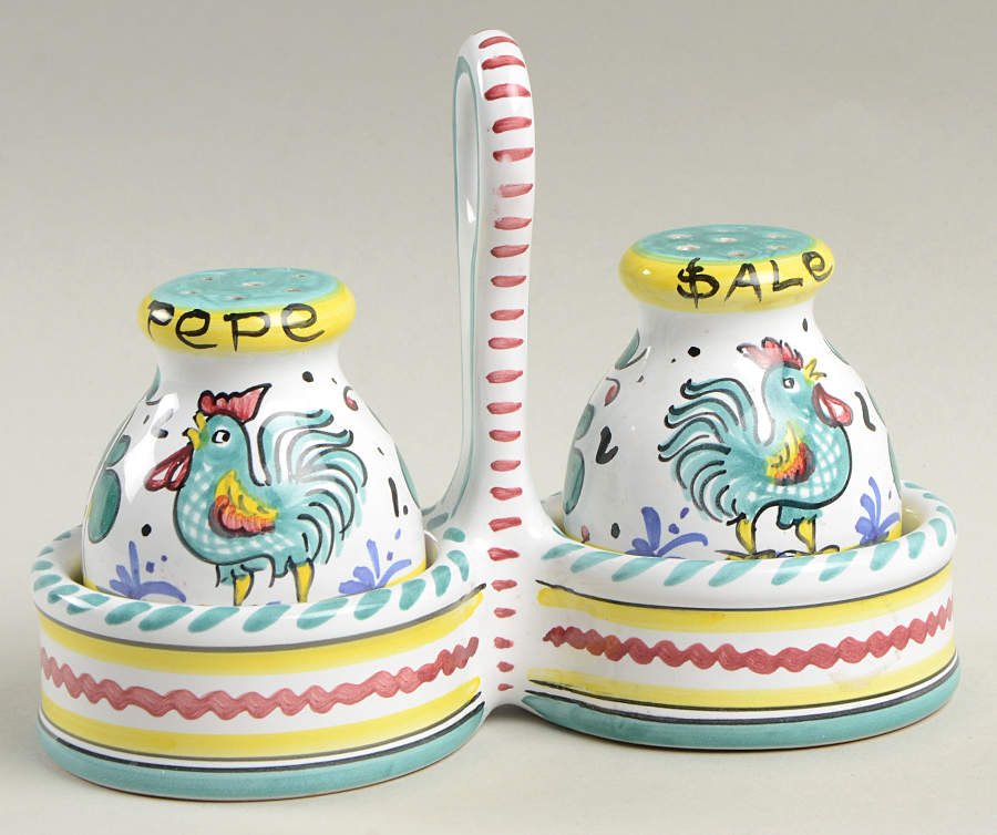 Green Rooster (3 Pc) Salt & Pepper Tray Set by Cama (Deruta Italy)-1