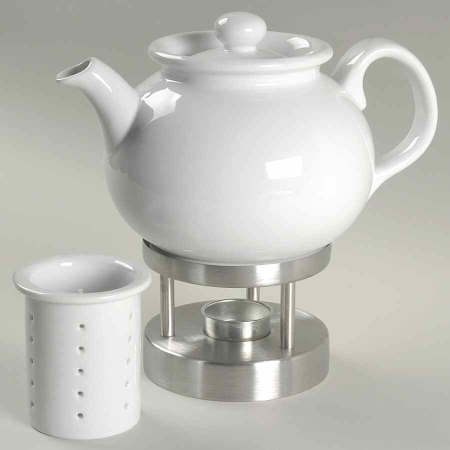 Cafe Blanc (Rim) Tea Pot & Lid with Infuser & Metal Warmer Stand by Dansk-1