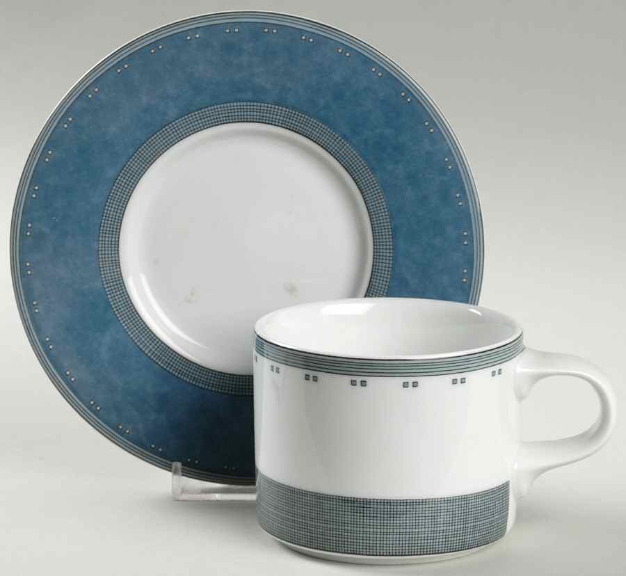 Gridworks Blue (Bands and Squares Rim) Flat Cup & Saucer Set by Dansk-1