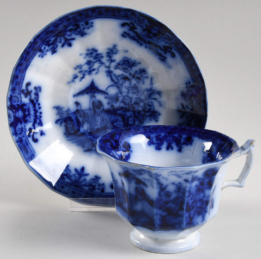 Amoy (Flow Blue) Oversized Cup & Saucer Set by Davenport-1