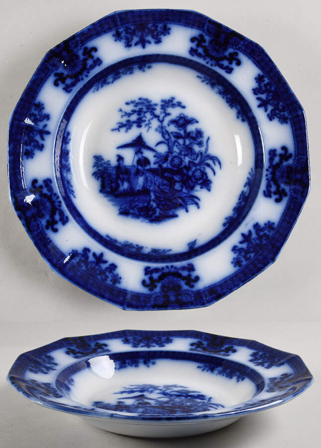 Amoy (Flow Blue) Large Rim Soup Bowl by Davenport-1