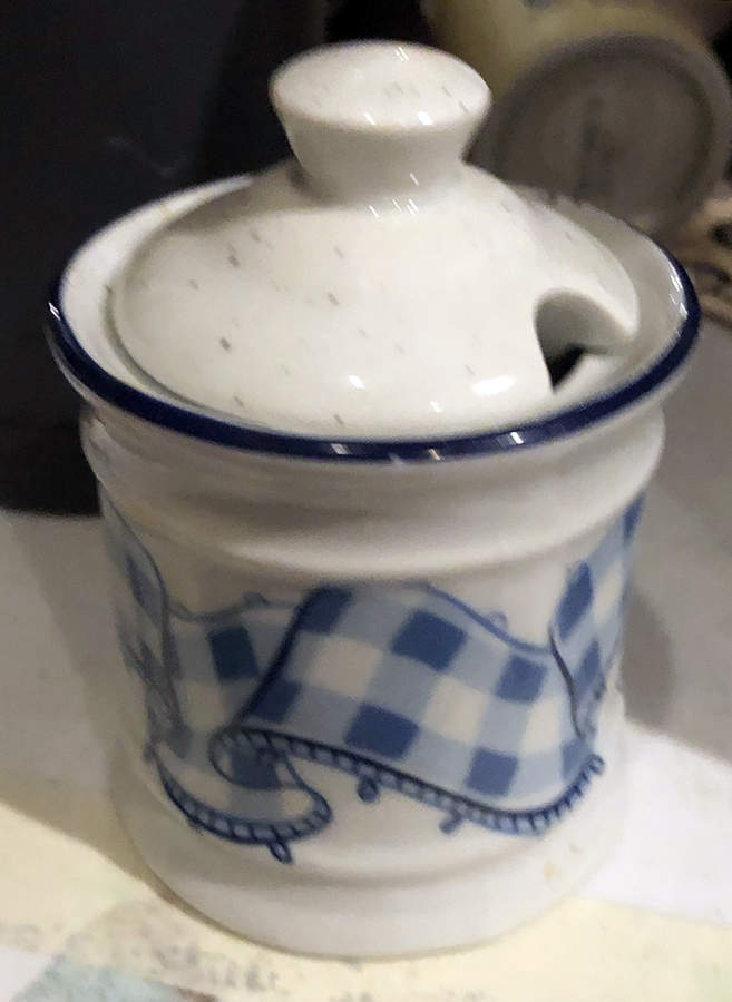Blue Gingham Mustard Jar & Lid by Philippe Deshoulieres-1