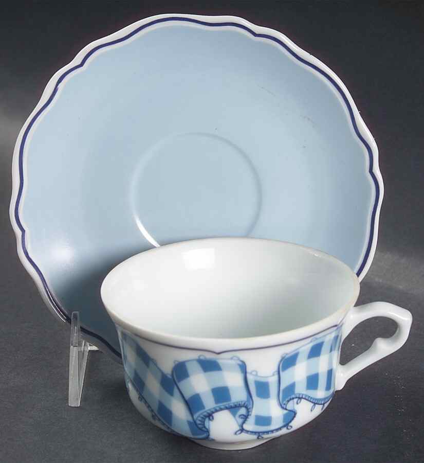 Blue Gingham Flat Cup & Saucer Set by Philippe Deshoulieres-1
