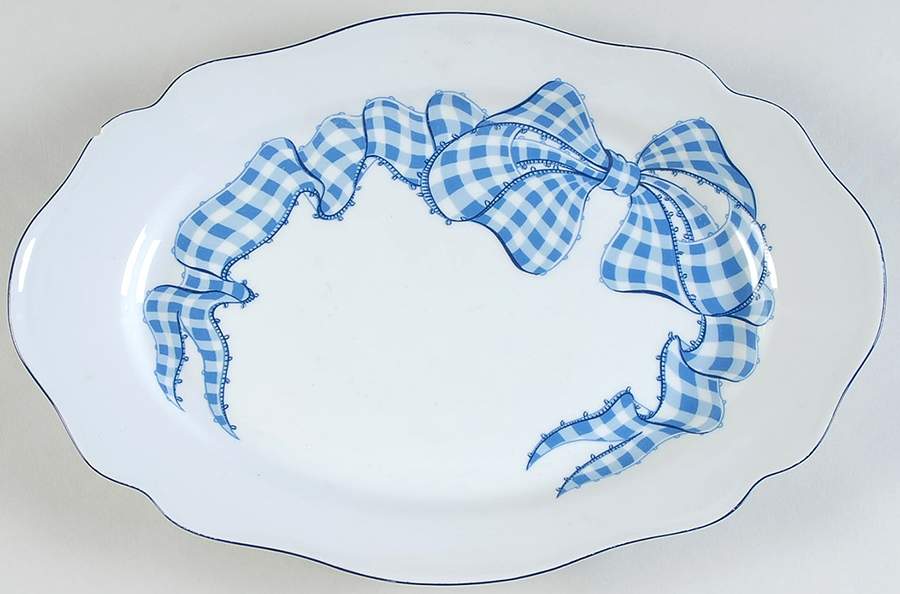 Blue Gingham 14" Oval Serving Platter by Philippe Deshoulieres-1