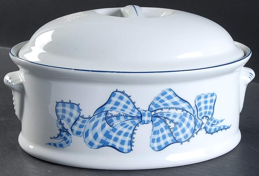 Blue Gingham 2 Quart Oval Covered Casserole by Philippe Deshoulieres-1