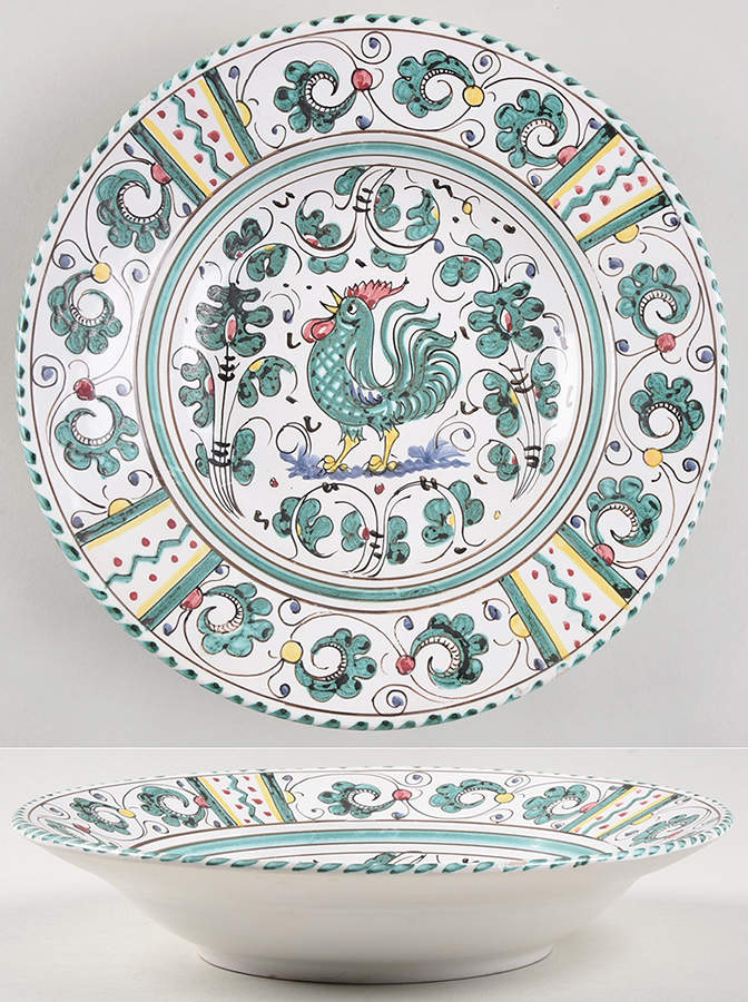 Green Rooster (Orvieto) Large Rim Soup Bowl by Deruta (Italy)-1