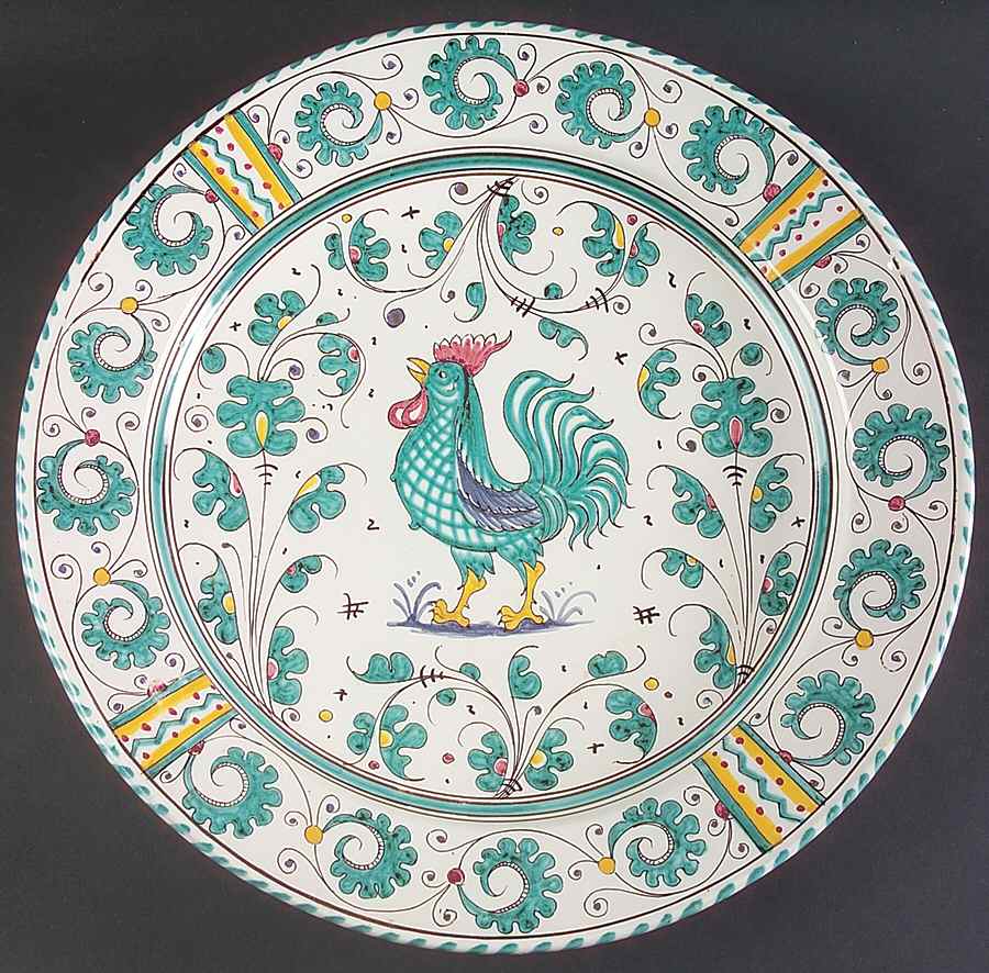 Green Rooster (Orvieto) 15" Chop Plate (Round Platter) by Deruta (Italy)-1