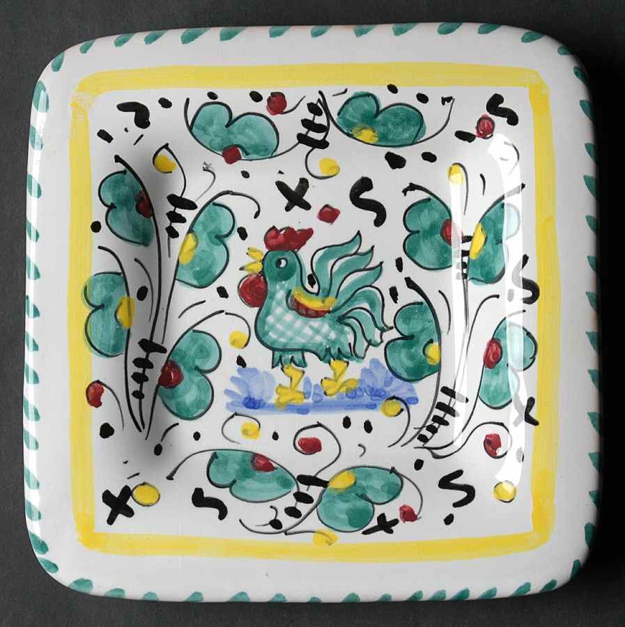 Green Rooster (Orvieto) 6" Square Tray by Deruta (Italy)-1