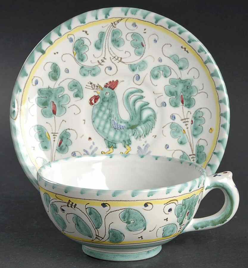 Green Rooster (Orvieto) Footed Cup & Saucer Set by Deruta (Italy)-1