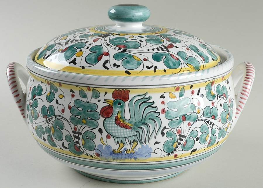 Green Rooster (Orvieto) Round Covered Vegetable by Deruta (Italy)-1