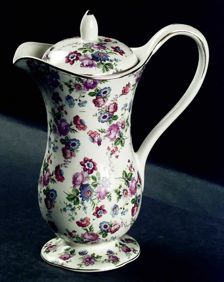DORSET (CHEERY CHINTZ, GOLD TRIM) Hot Water Jug & Lid by Erphila-1