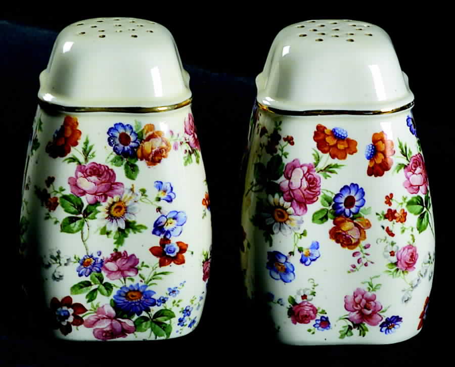 DORSET (CHEERY CHINTZ, GOLD TRIM) Salt & Pepper Set by Erphila-1