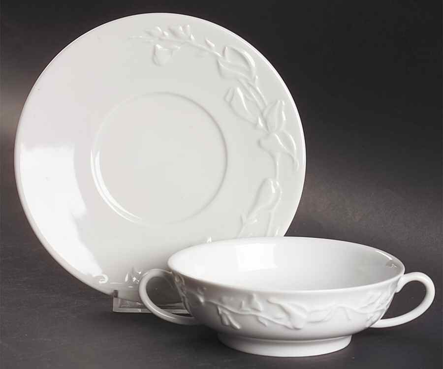 Promenade White Flat Cream Soup Bowl & Saucer Set by Philippe Deshoulieres-1