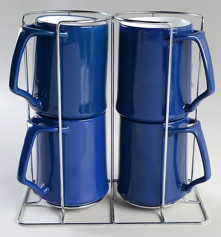 Kobenstyle Blue Mug Set-4 Mugs & Metal Holder by Dansk-1