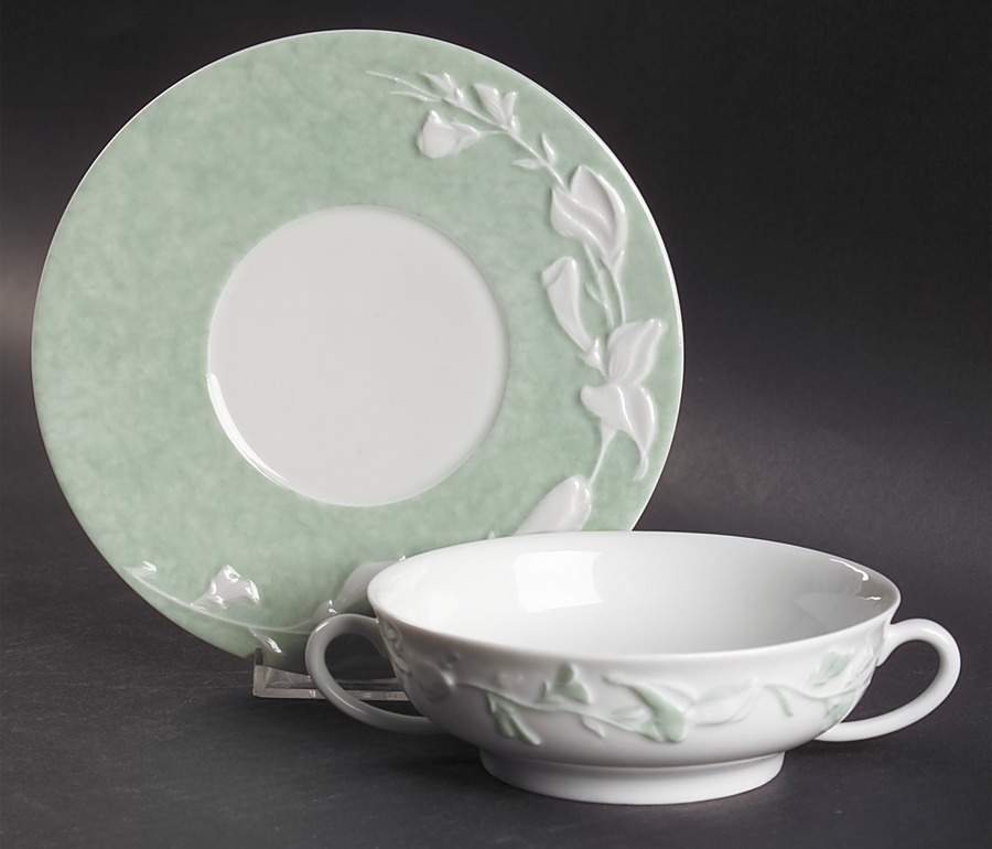 Promenade Green Flat Cream Soup Bowl & Saucer Set by Philippe Deshoulieres-1