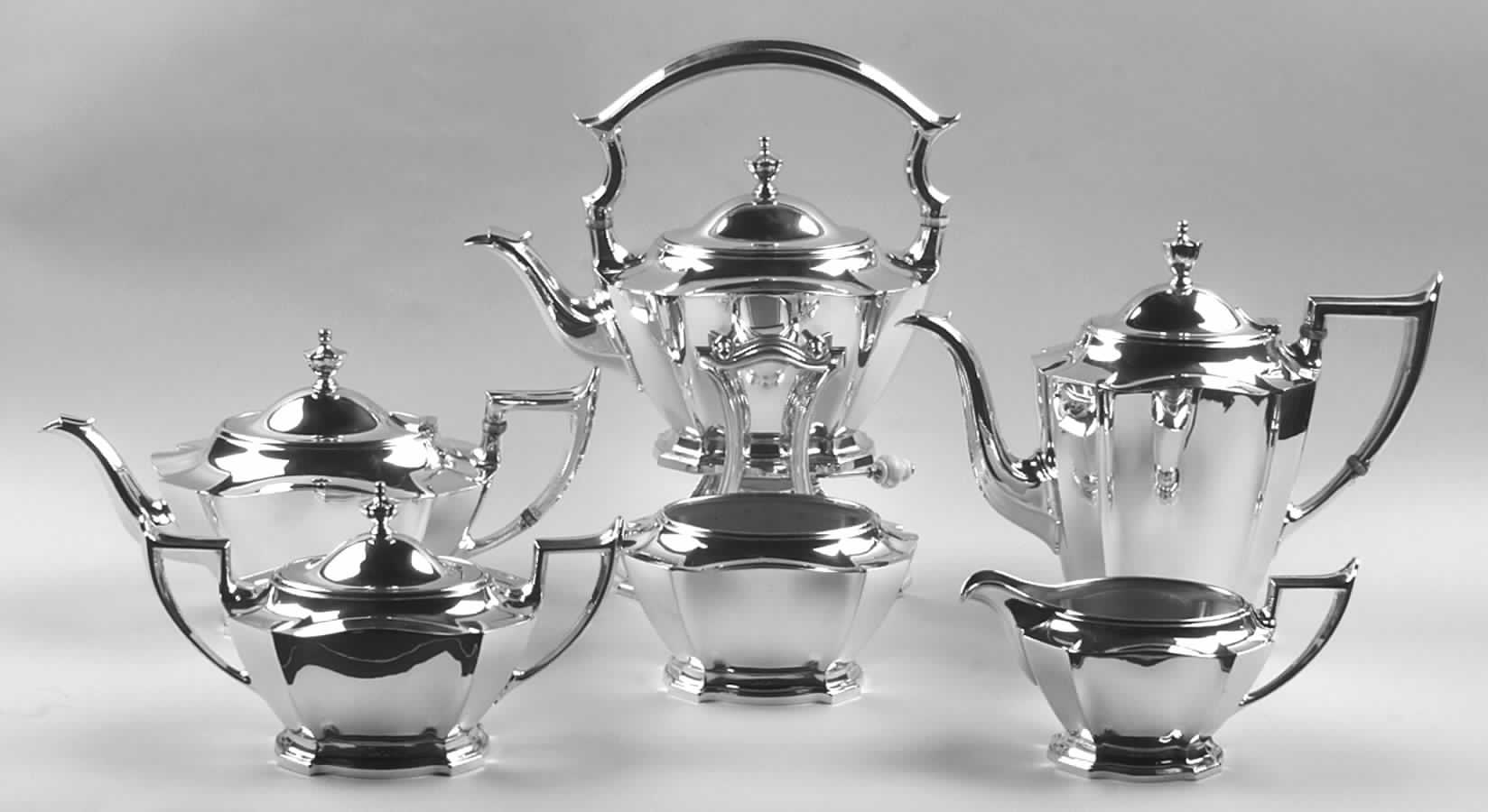 Essex (Sterling, 1911, Hollowware) 6 Piece Tea Set (SCP, STP, SCR, SSU, SWB, SKES) by Durgin-1
