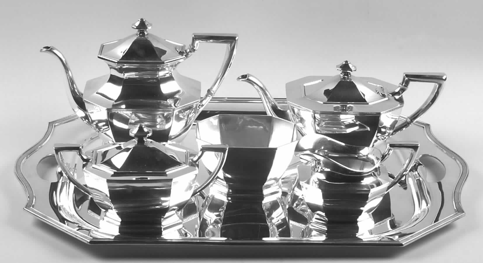 Queen Anne-Plain (Sterling, 1910, Hollowware) 6 Piece Tea Set (SCP, STP, SCR, SSU, SWB, WTL) by Dominick & Haff-1