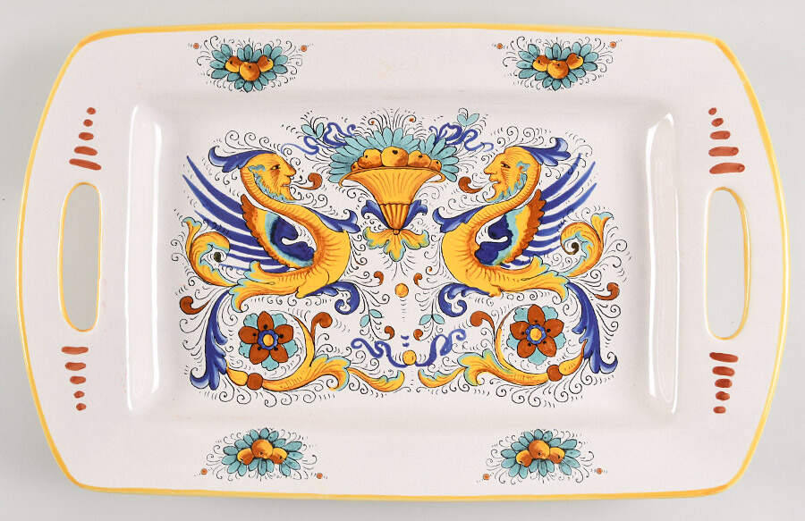 Raffaellesco (Scalloped) 18" Rectangular Handled Tray by Deruta (Italy)-1