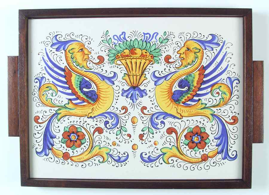 Raffaellesco (Scalloped) Rectangular Wood Tray with Tile Insert by Deruta (Italy)-1