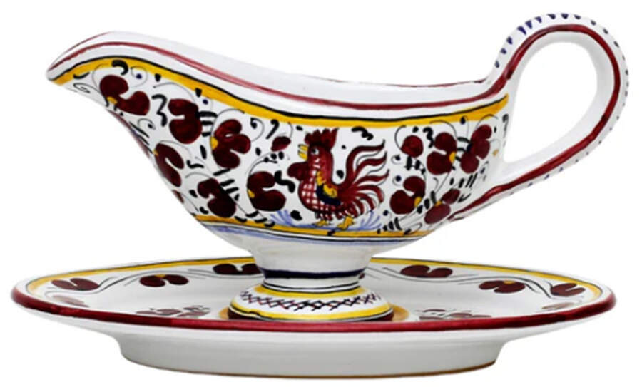 Red Rooster Gravy Boat & Underplate by Deruta (Italy)-1
