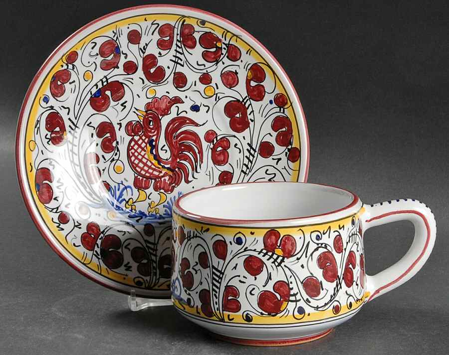 Red Rooster Flat Cup & Saucer Set by Deruta (Italy)-1