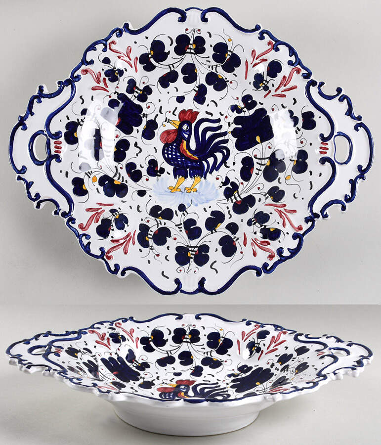 Blue Rooster Handled Serving Tray by Deruta (Italy)-1