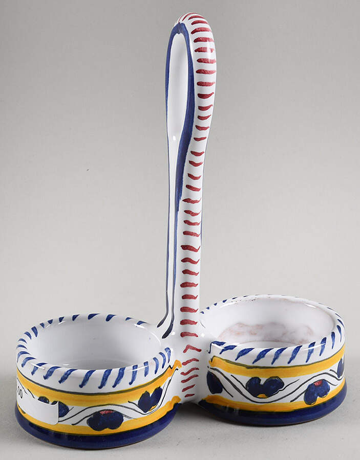 Blue Rooster Tray for Salt & Pepper Set with Metal Lids by Deruta (Italy)-1
