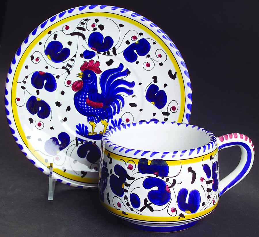 Blue Rooster Flat Cup & Saucer Set by Deruta (Italy)-1
