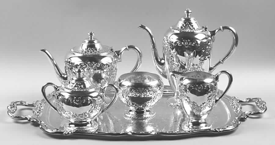 500-Chased (Sterling Hollowware) 5 Piece Tea Set with Complimentary Silverplate Tray by Dunkirk Silversmiths-1
