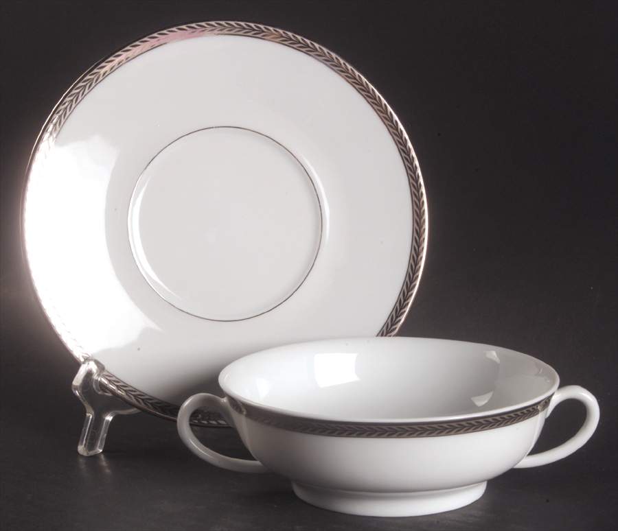Laurel Platinum Flat Cream Soup Bowl & Saucer Set by Philippe Deshoulieres-1