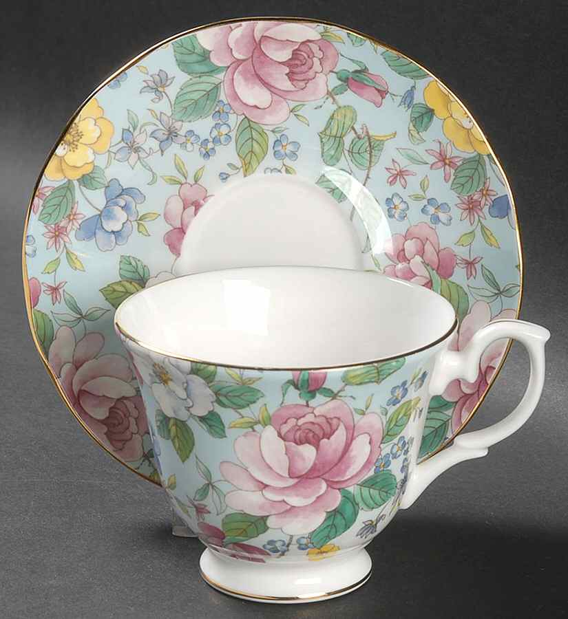 Chelsea Garden Ocean Blue (Scalloped) Footed Cup & Saucer Set by Duchess-1