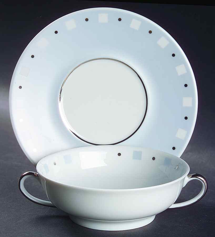 Baltik White & Blue Flat Cream Soup Bowl & Saucer Set by Philippe Deshoulieres-1