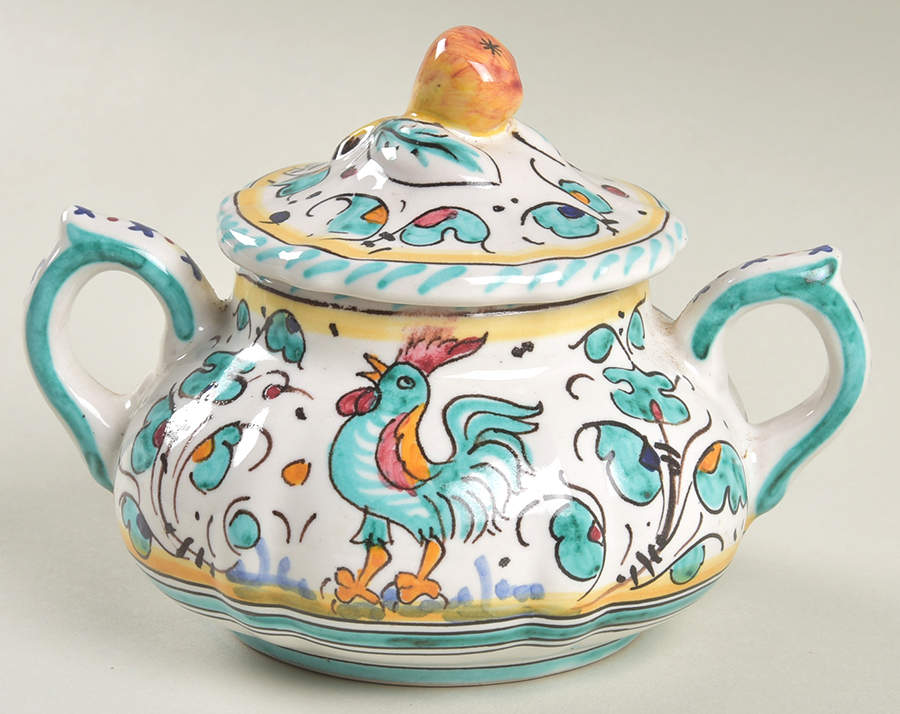 Green Rooster (Orvieto) Sugar Bowl & Lid by Deruta (Italy)-1