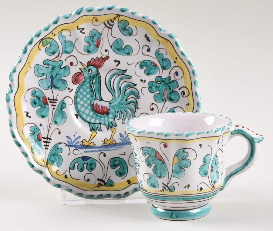Green Rooster (Orvieto) Footed Demitasse Cup & Saucer Set by Deruta (Italy)-1