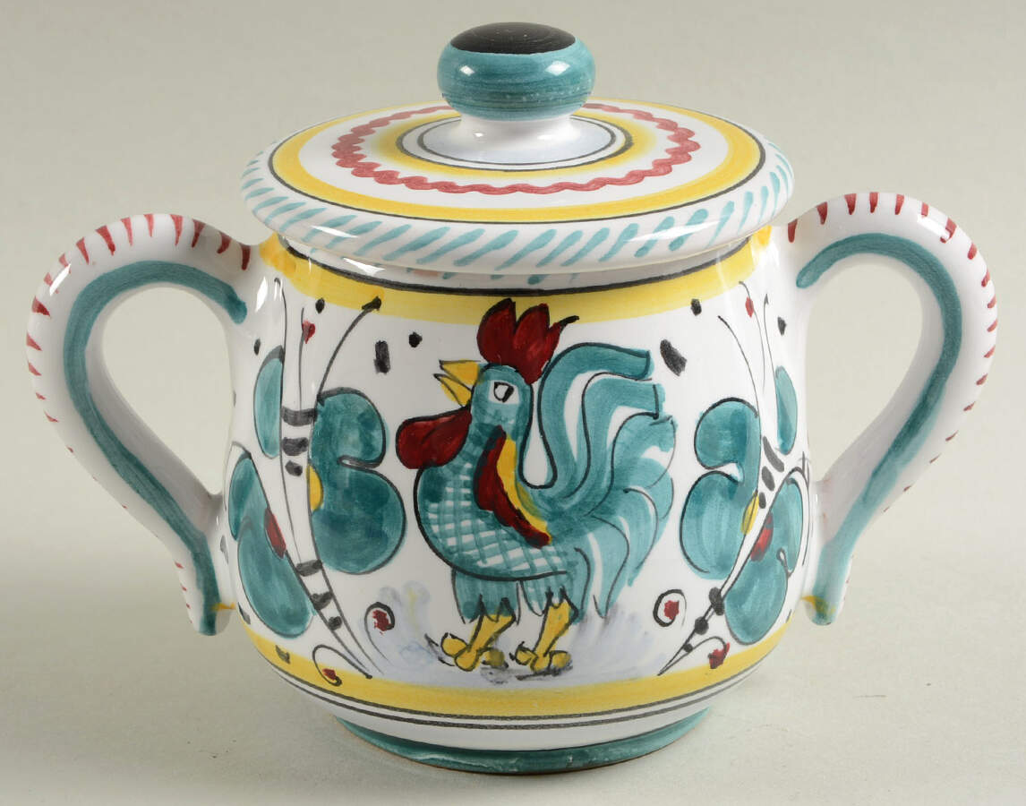 Green Rooster (Orvieto) Sugar Bowl & Lid by Deruta (Italy)-1