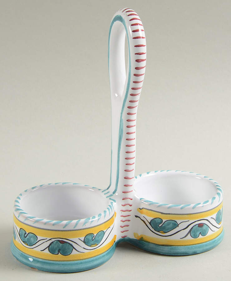 Green Rooster (Orvieto) Tray for Salt & Pepper Set with Metal Lids by Deruta (Italy)-1