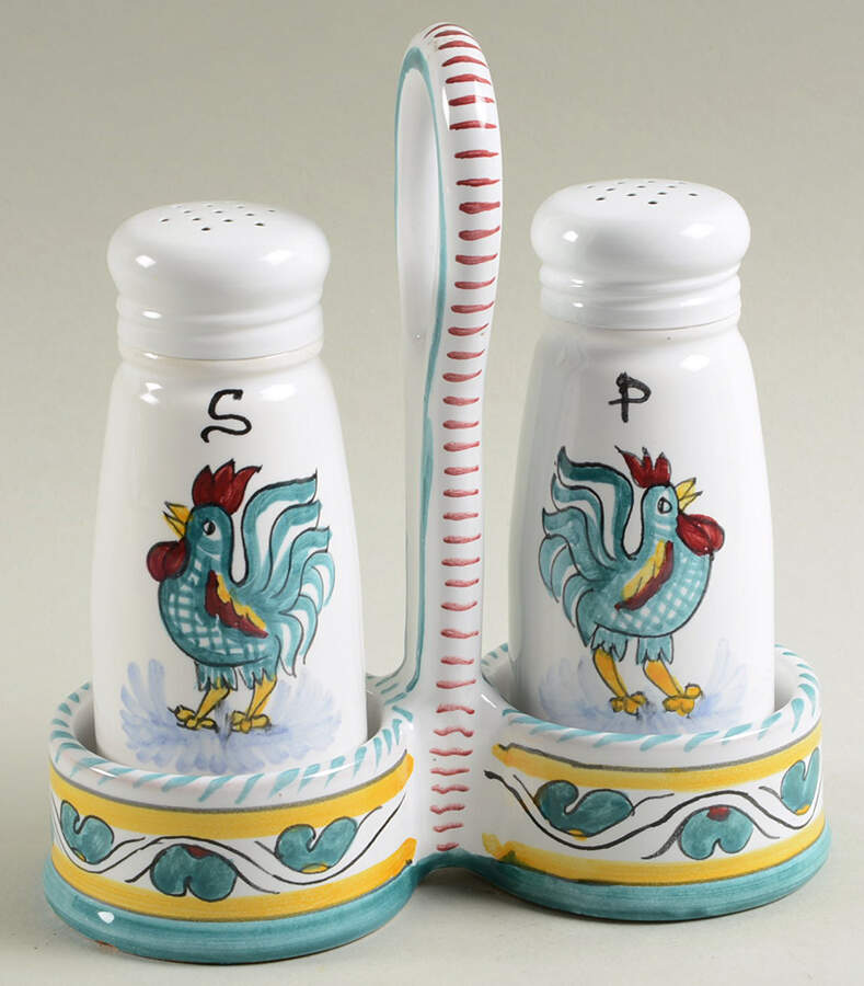 Green Rooster (Orvieto) Salt & Pepper w/Metal Lids & Tray Set by Deruta (Italy)-1