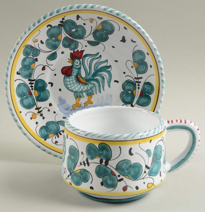 Green Rooster (Orvieto) Flat Cup & Saucer Set by Deruta (Italy)-1