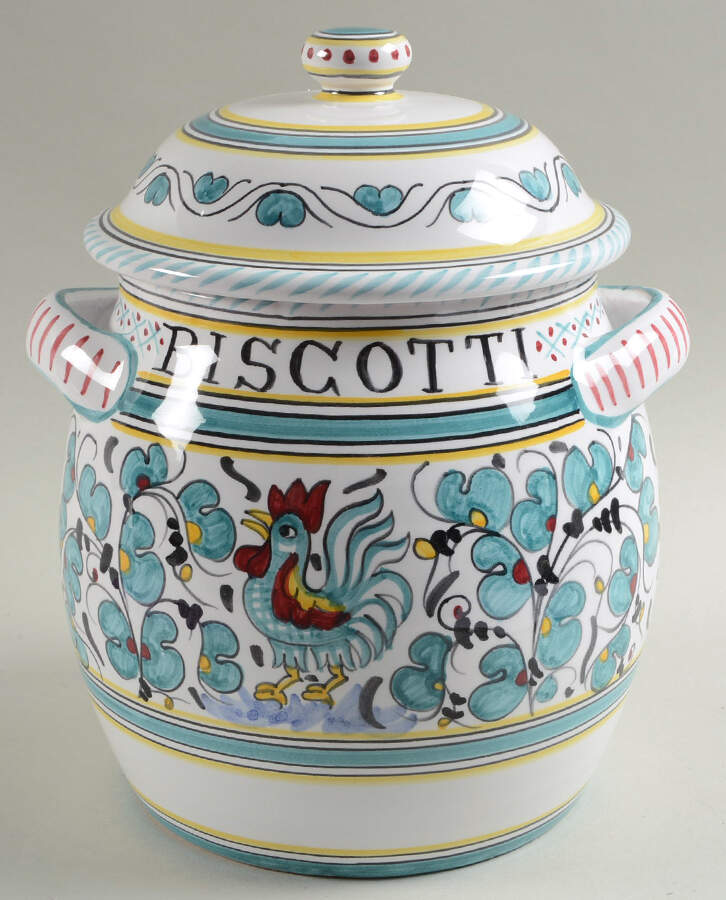 Green Rooster (Orvieto) Biscotti Jar & Lid by Deruta (Italy)-1