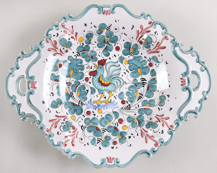 Green Rooster (Orvieto) Handled Serving Tray by Deruta (Italy)-1